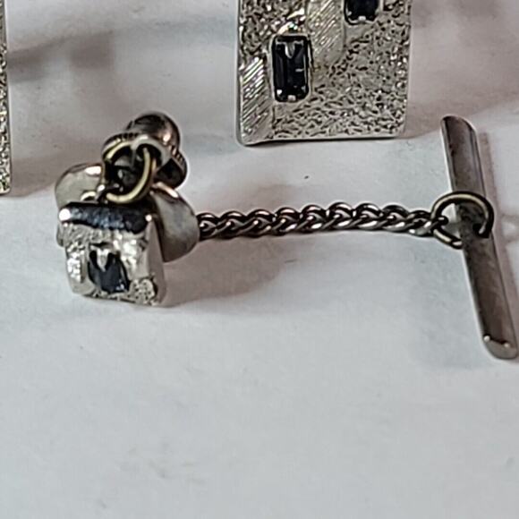 Vintage Swank Chevron 5 Black Stones Silver Tone Cufflinks Tie Tack Whale Back - Picture 3 of 7
